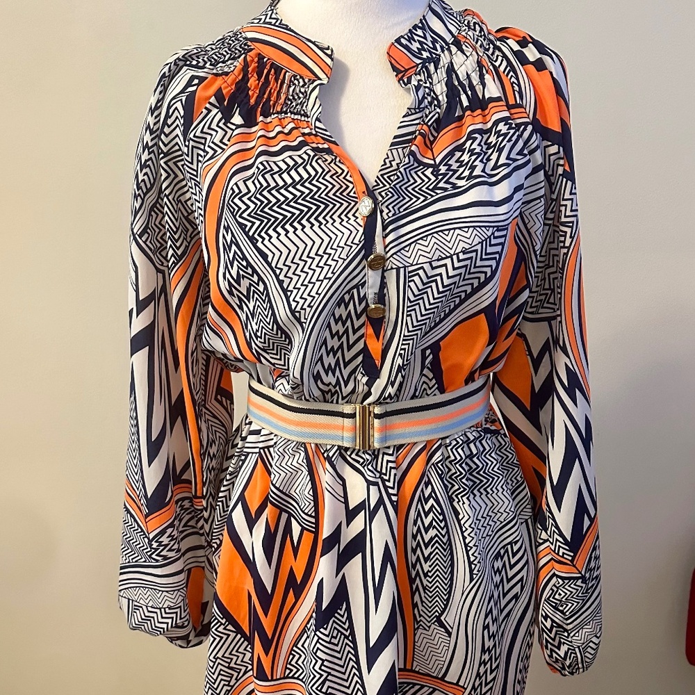 Tracy Negoshian Geo Print Dress With Elastic Waist Orange And Blue Sz Small